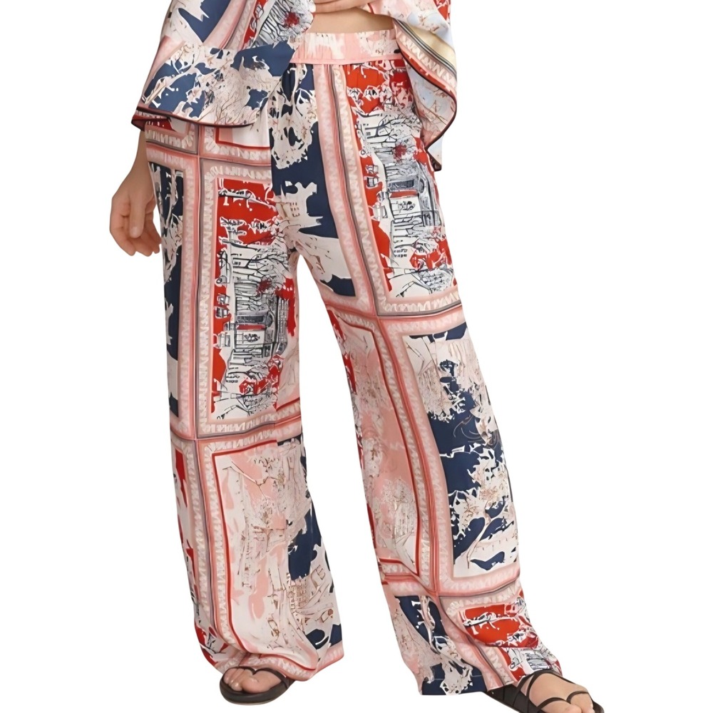 Antrhopologie Maeve Wide Leg Pants Scenic Scarf Print Red Navy Stretch Womens XL
